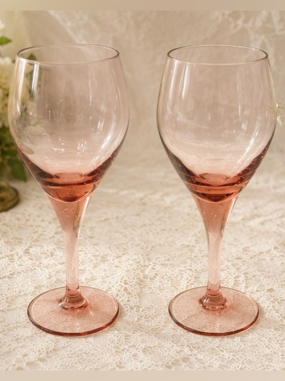 Pair (2) Vintage Tiffin-Fransican Revelation Pink 8” Wine Glasses Water Goblets
